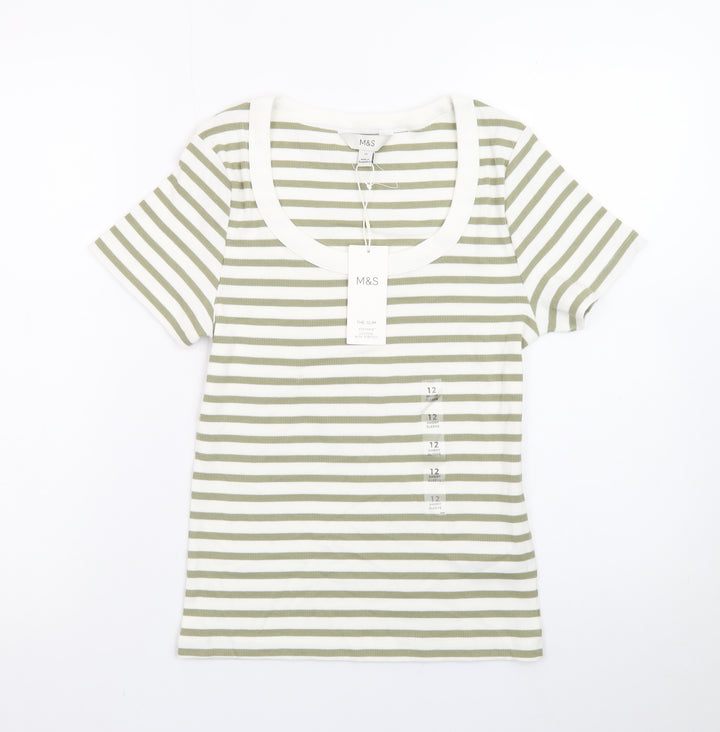 Marks and Spencer Women’s Green White Striped Slim Fit Cotton T-Shirt Size 12