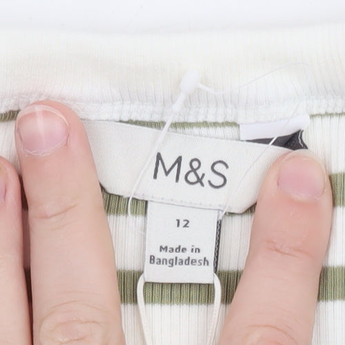 Marks and Spencer Women’s Green White Striped Slim Fit Cotton T-Shirt Size 12