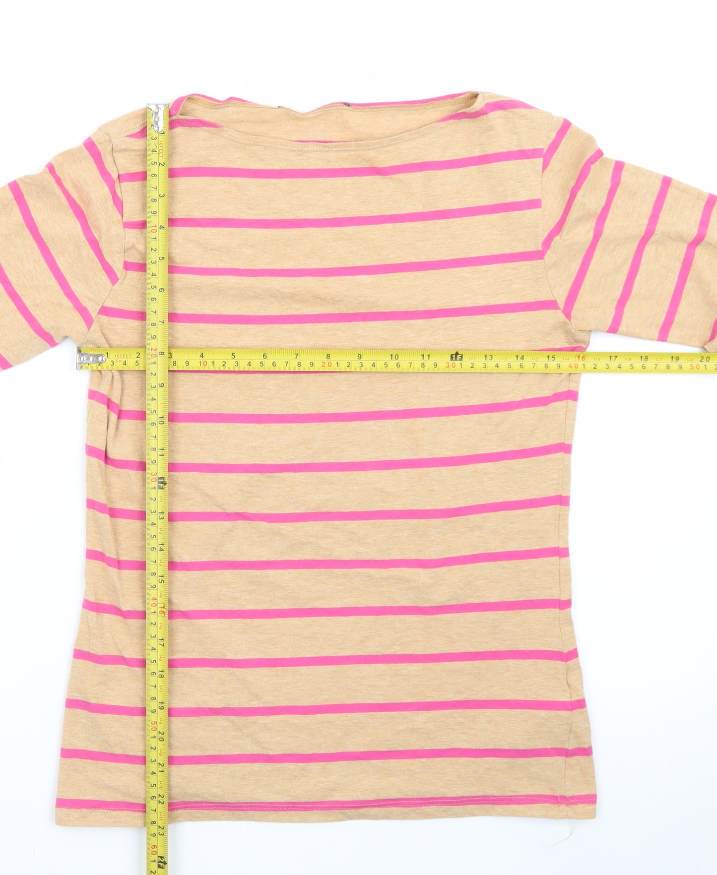 Marks and Spencer Women's Beige Pink Striped 3/4 Sleeve Boat Neck Cotton Top Size 12
