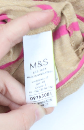 Marks and Spencer Women's Beige Pink Striped 3/4 Sleeve Boat Neck Cotton Top Size 12