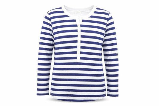 Front view of Style & Co Women Blue White Striped Long Sleeve Henley Jersey Top L