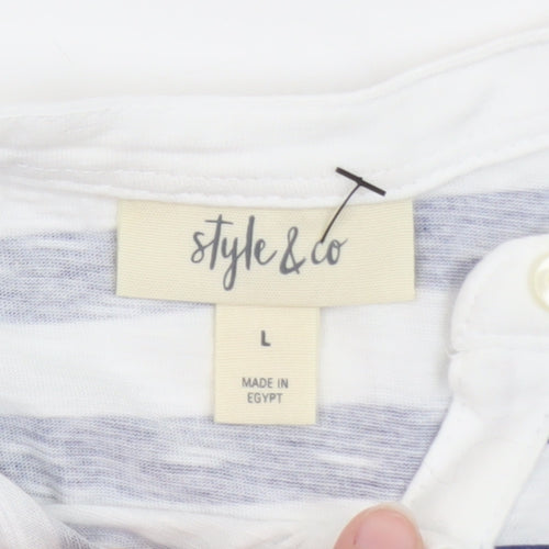 Style & Co Women Blue White Striped Long Sleeve Henley Jersey Top L