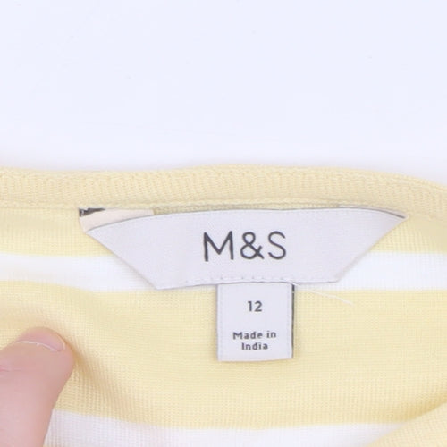 Marks and Spencer Women’s Yellow Striped 3/4 Sleeve Cotton T-Shirt Size 12