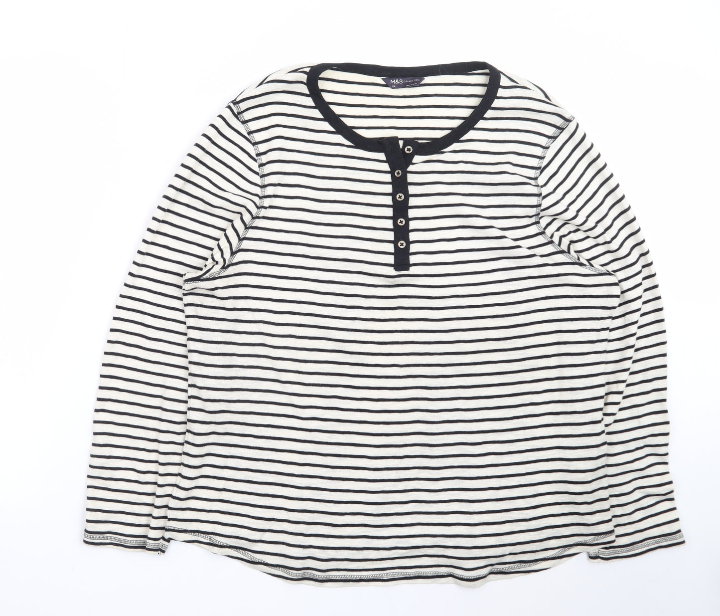 Marks and Spencer Women White Striped Cotton Henley Top Size 24