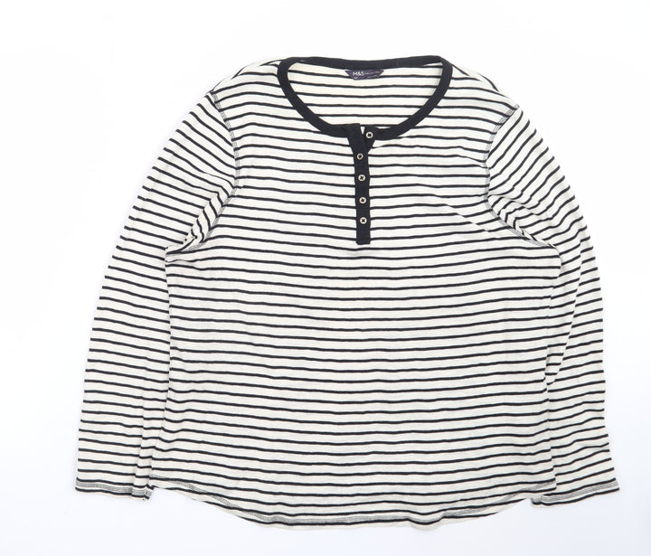 Marks and Spencer Women White Striped Cotton Henley Top Size 24