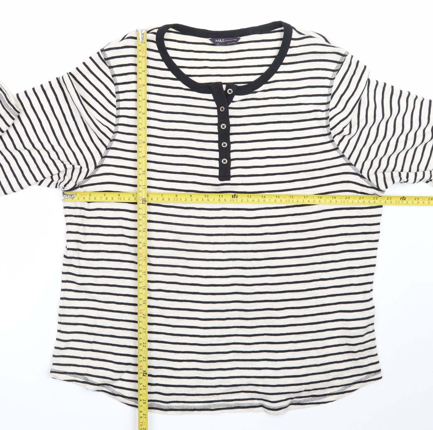 Marks and Spencer Women White Striped Cotton Henley Top Size 24