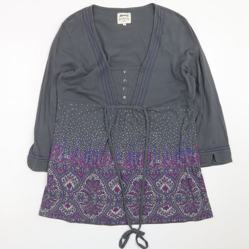 Mantaray Women Grey Purple Tunic Top Size 14 Long Sleeve Embellished