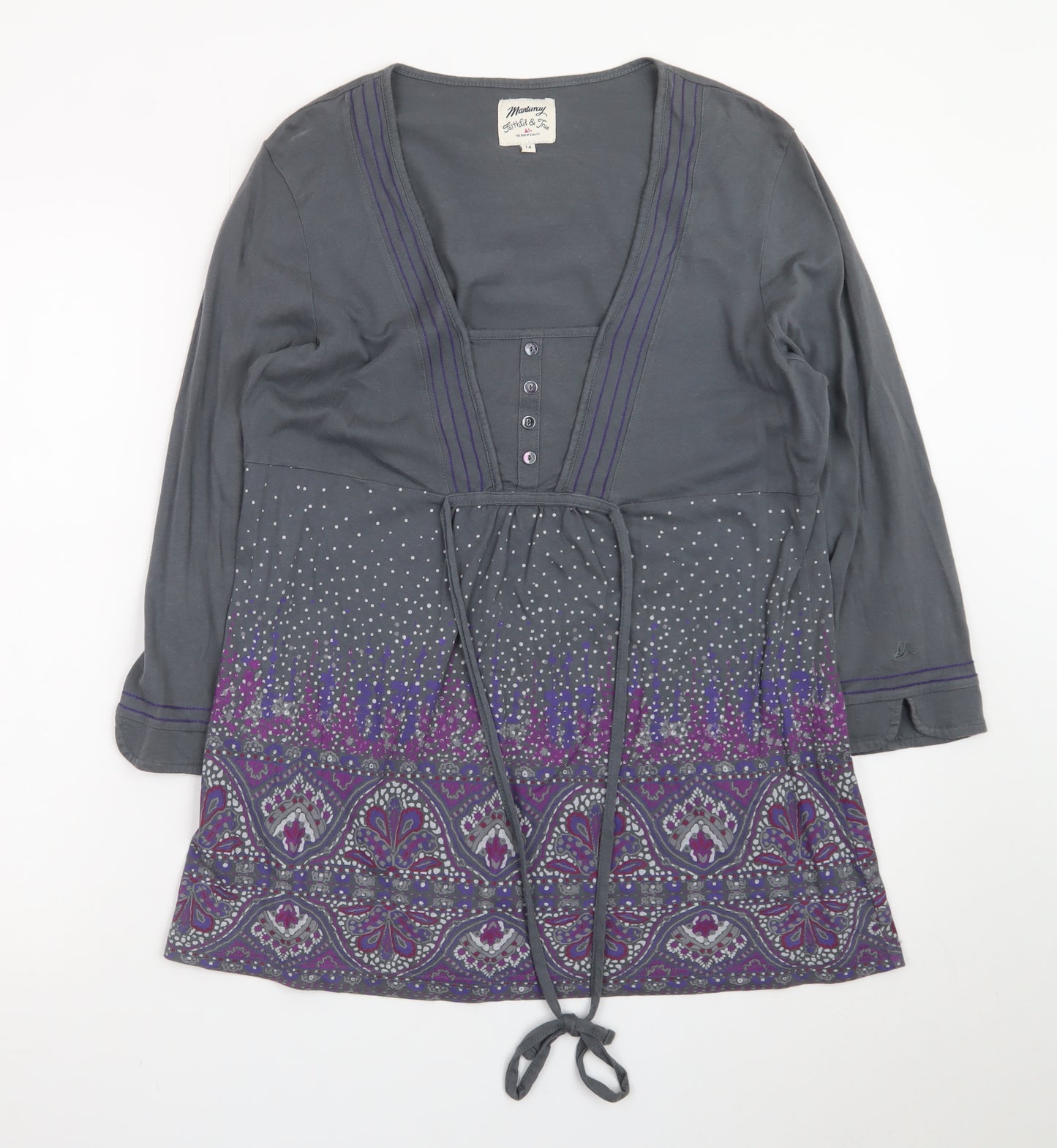 Mantaray Women Grey Purple Tunic Top Size 14 Long Sleeve Embellished