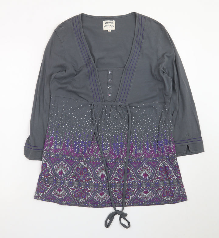 Mantaray Women Grey Purple Tunic Top Size 14 Long Sleeve Embellished