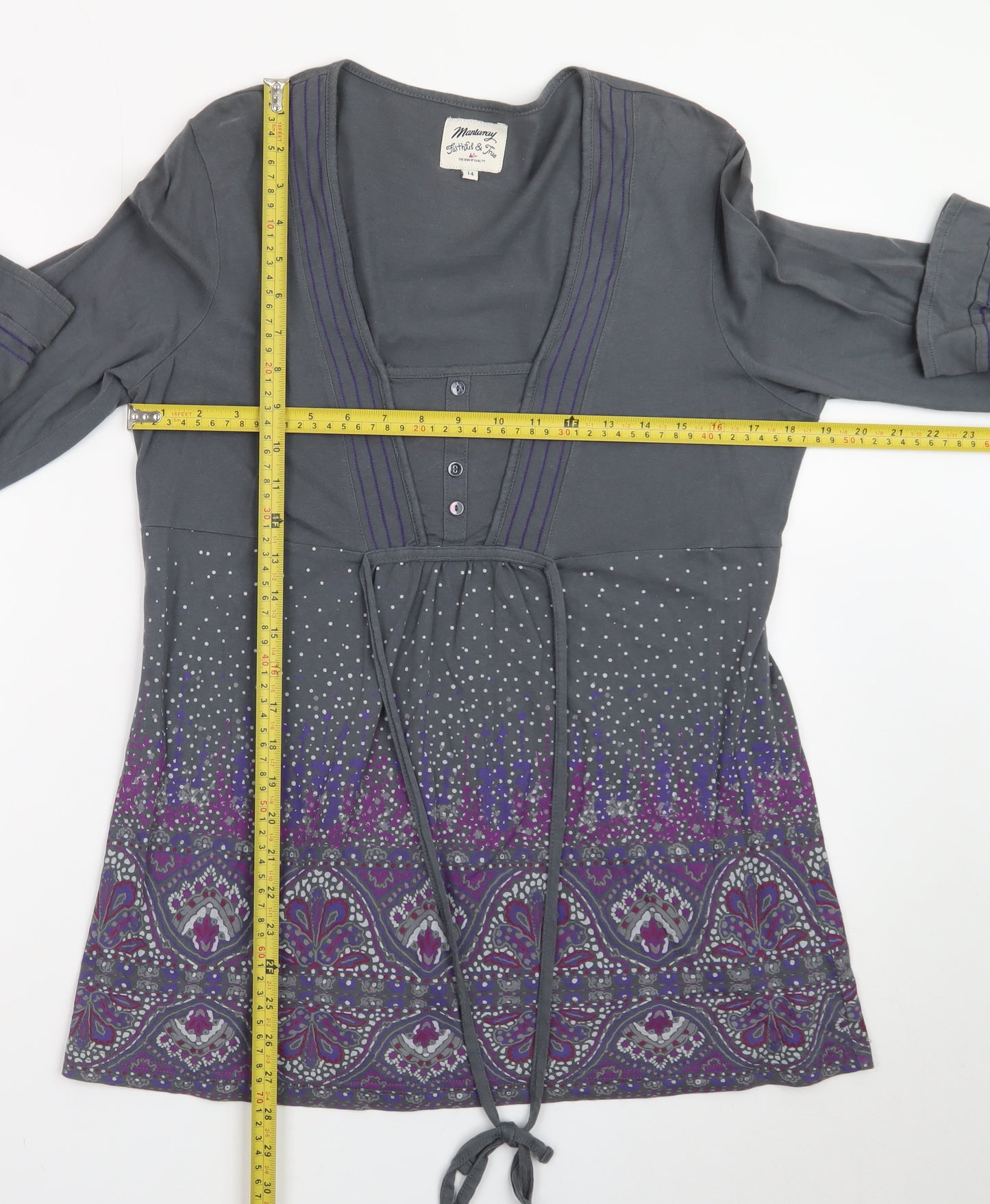 Mantaray Women Grey Purple Tunic Top Size 14 Long Sleeve Embellished