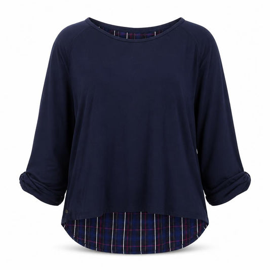 Front view of FatFace Women’s Blue Plaid Layered Tunic Blouse, size UK 14