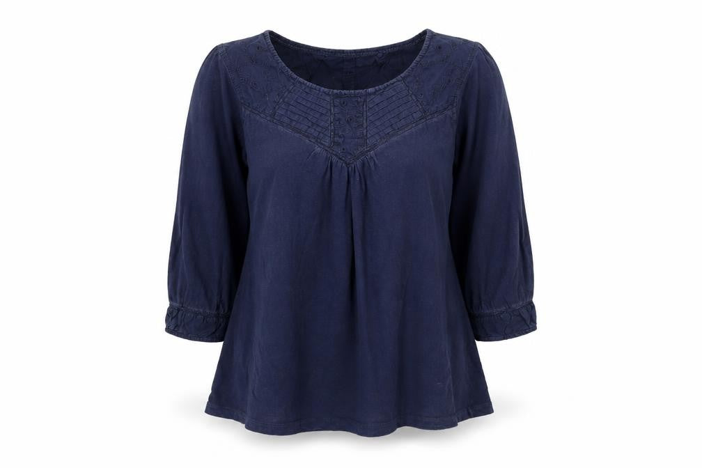 Front view of FatFace Women's Blue Cotton Tunic Blouse, size 12, 3/4 Sleeve