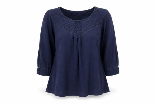 Front view of FatFace Women's Blue Cotton Tunic Blouse, size 12, 3/4 Sleeve