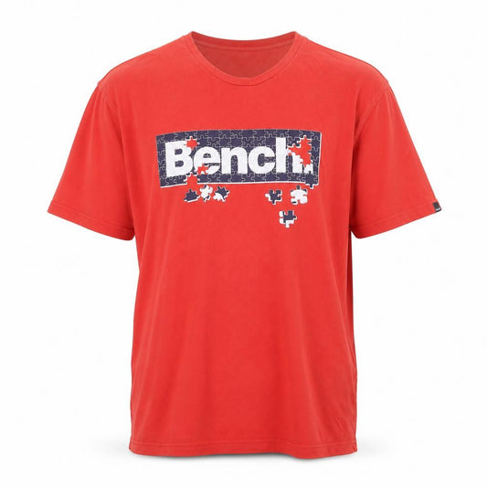 Front view of Bench Men's Red XL Graphic Puzzle Logo Cotton T-Shirt