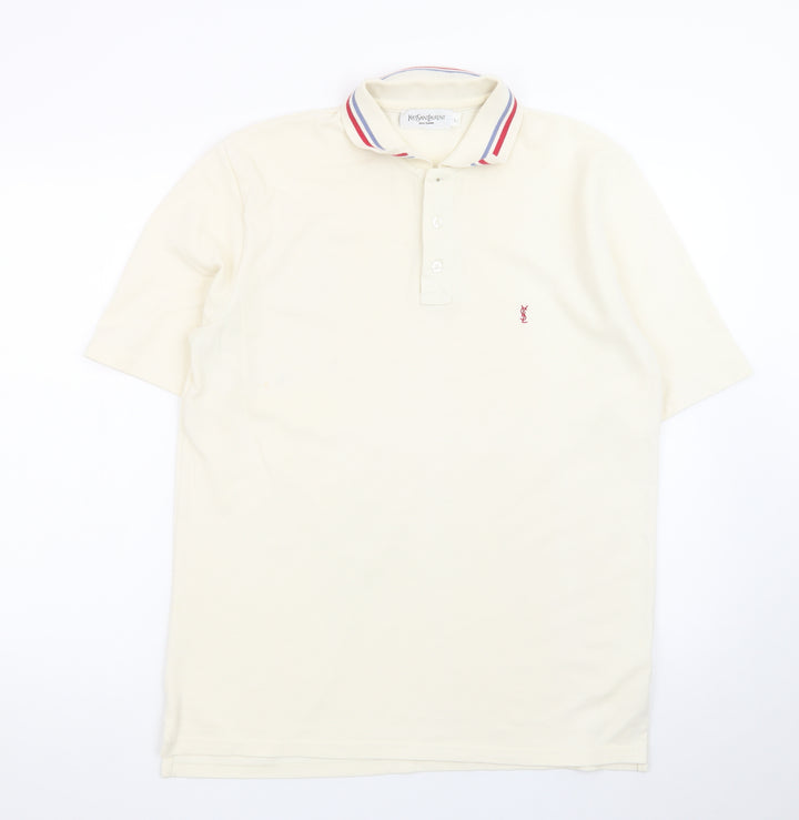 Yves Saint Laurent Men’s Ivory Polo Shirt L Classic Collared Cotton Blend