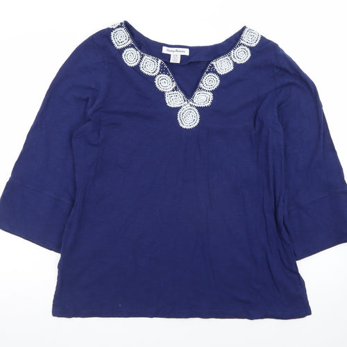 Tommy Bahama Womens Blue Cotton Tunic Blouse L Embroidered V-Neck
