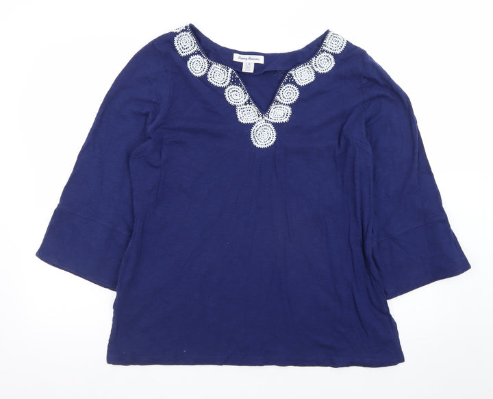 Tommy Bahama Womens Blue Cotton Tunic Blouse L Embroidered V-Neck