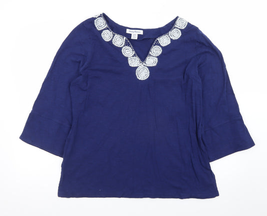 Tommy Bahama Womens Blue Cotton Tunic Blouse L Embroidered V-Neck