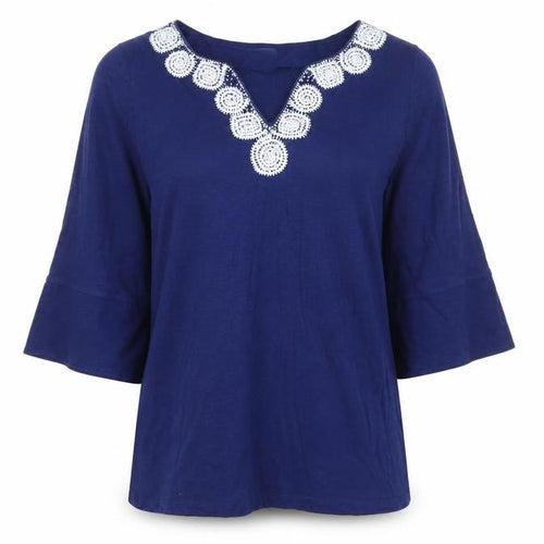 Tommy Bahama Womens Blue Cotton Tunic Blouse L Embroidered V-Neck