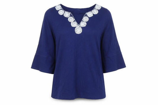 Front view of Tommy Bahama women’s blue cotton tunic blouse l embroidered v-neck