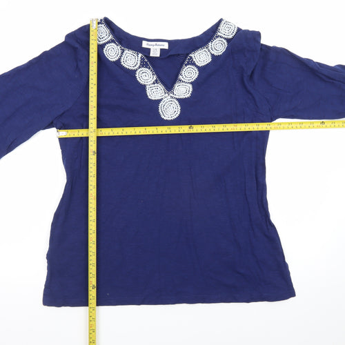 Tommy Bahama Womens Blue Cotton Tunic Blouse L Embroidered V-Neck