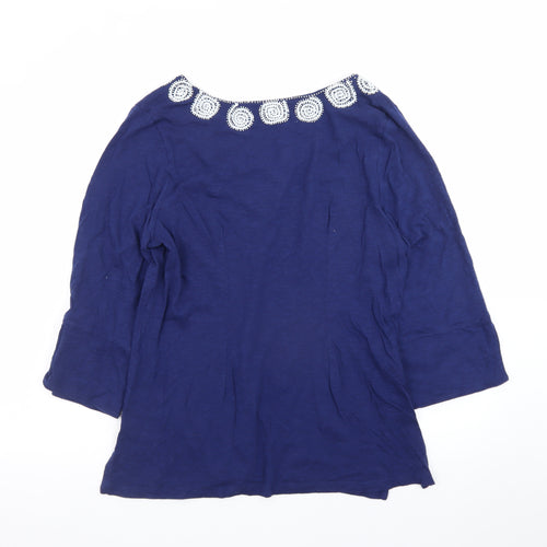 Tommy Bahama Womens Blue Cotton Tunic Blouse L Embroidered V-Neck