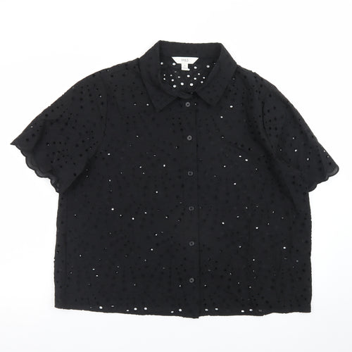 Marks and Spencer Women's Black Cotton Embroidered Short Sleeve Tunic Blouse Size 16