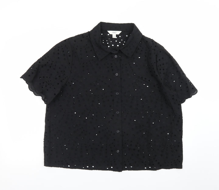 Marks and Spencer Women's Black Cotton Embroidered Short Sleeve Tunic Blouse Size 16