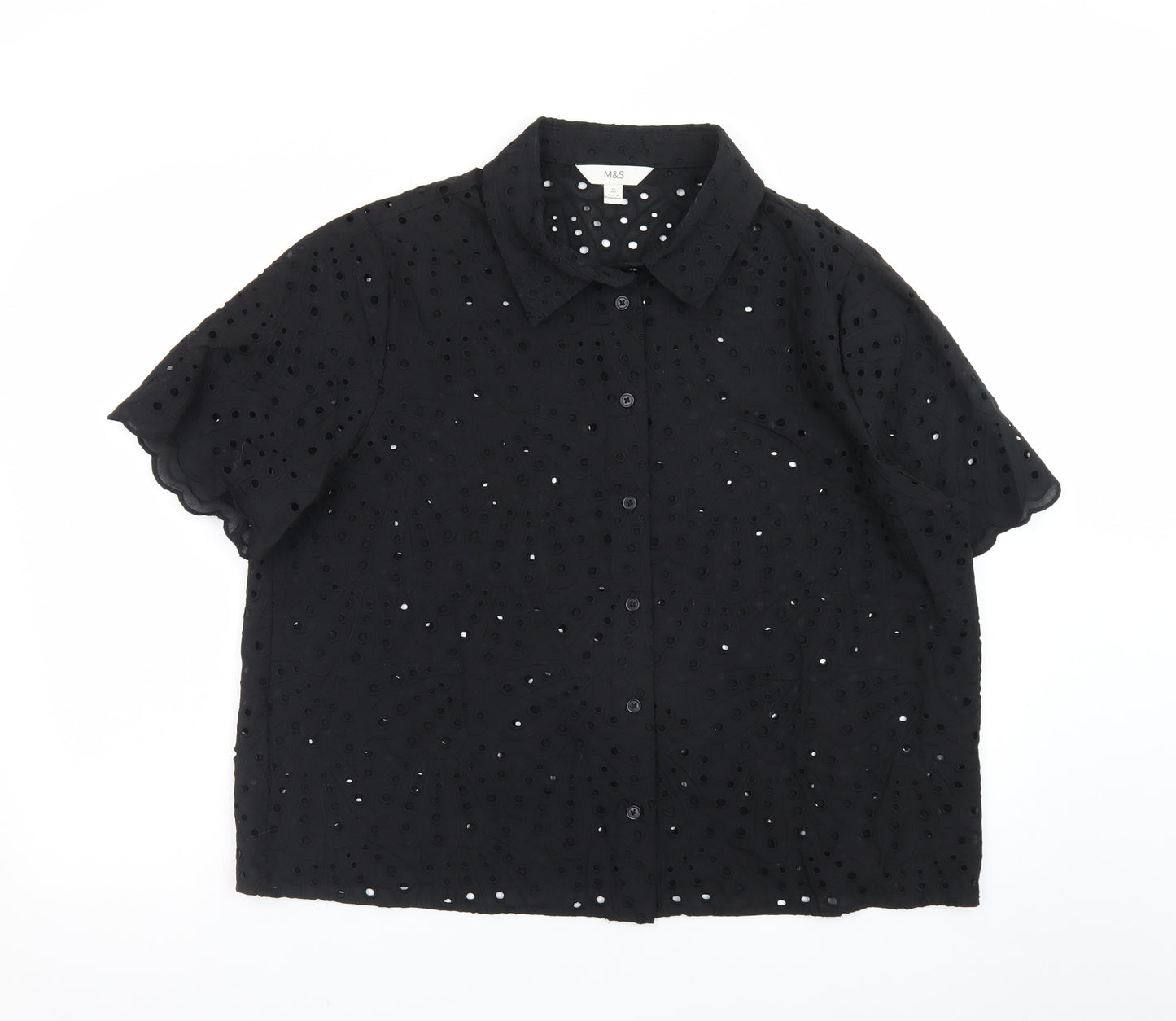 Marks and Spencer Women's Black Cotton Embroidered Short Sleeve Tunic Blouse Size 16
