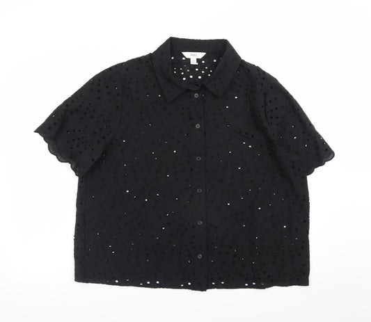 Marks and Spencer Women's Black Cotton Embroidered Short Sleeve Tunic Blouse Size 16