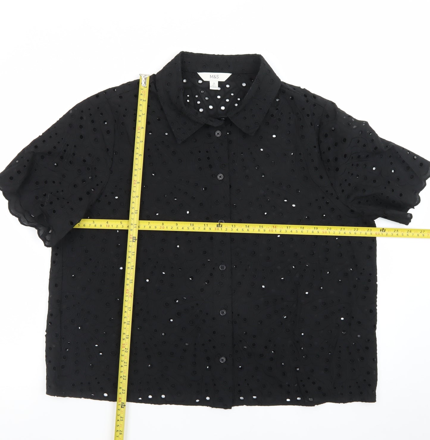 Marks and Spencer Women's Black Cotton Embroidered Short Sleeve Tunic Blouse Size 16