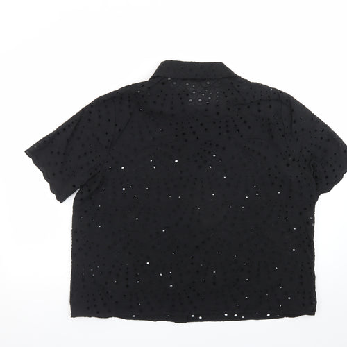 Marks and Spencer Women's Black Cotton Embroidered Short Sleeve Tunic Blouse Size 16