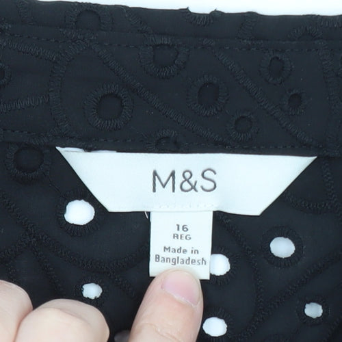 Marks and Spencer Women's Black Cotton Embroidered Short Sleeve Tunic Blouse Size 16