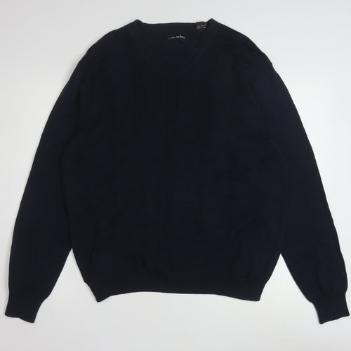 John Henry Men's Blue Cotton V-Neck Jumper Size L