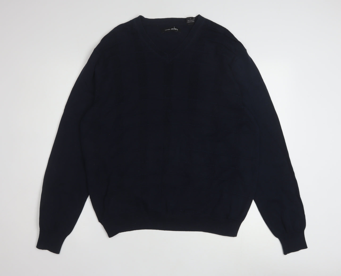 John Henry Men's Blue Cotton V-Neck Jumper Size L