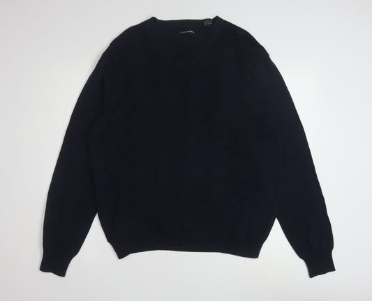 John Henry Men's Blue Cotton V-Neck Jumper Size L