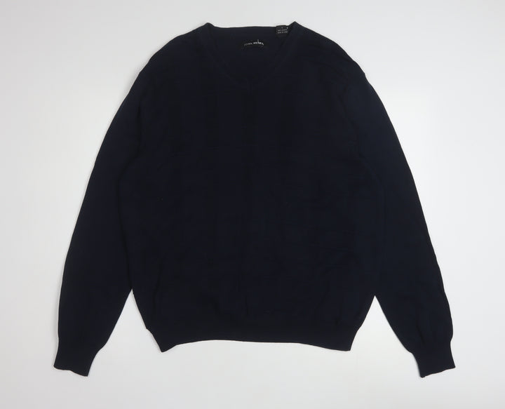 John Henry Men's Blue Cotton V-Neck Jumper Size L
