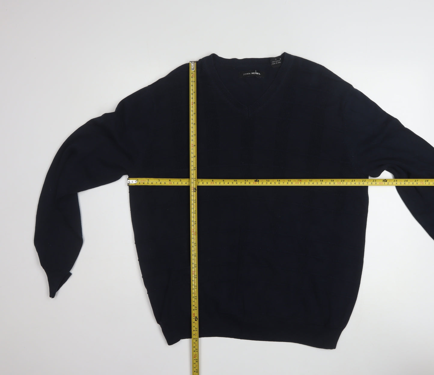 John Henry Men's Blue Cotton V-Neck Jumper Size L