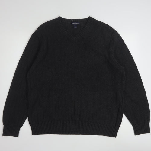 Lands' End Men's Black Cotton V-Neck Cable-Knit Jumper Size L