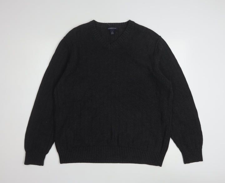 Lands' End Men's Black Cotton V-Neck Cable-Knit Jumper Size L