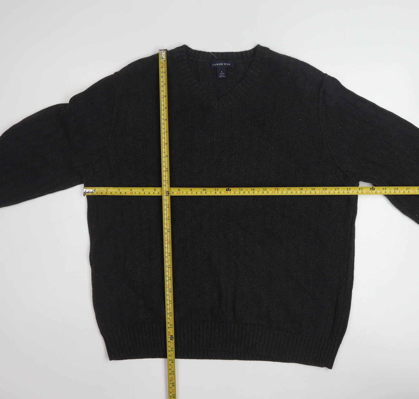 Lands' End Men's Black Cotton V-Neck Cable-Knit Jumper Size L