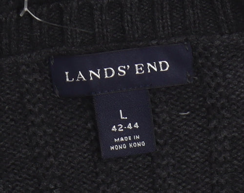 Lands' End Men's Black Cotton V-Neck Cable-Knit Jumper Size L