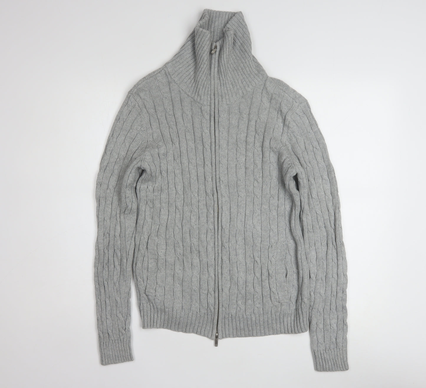 Anne Klein Sport Unisex Grey Cable-Knit Cotton Full Zip Jumper S