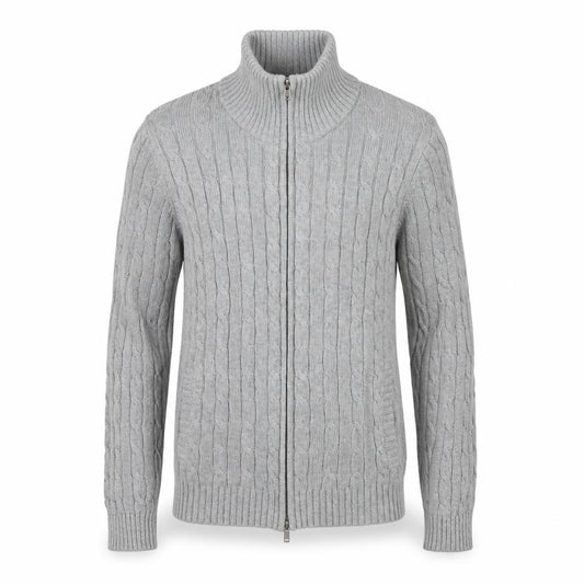 Front view of Anne Klein Sport unisex grey cable-knit cotton full zip jumper s