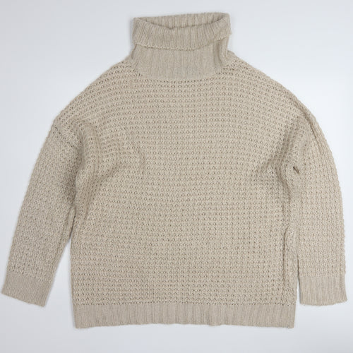 Boohoo Women Beige Roll Neck Chunky Knit Pullover Jumper L