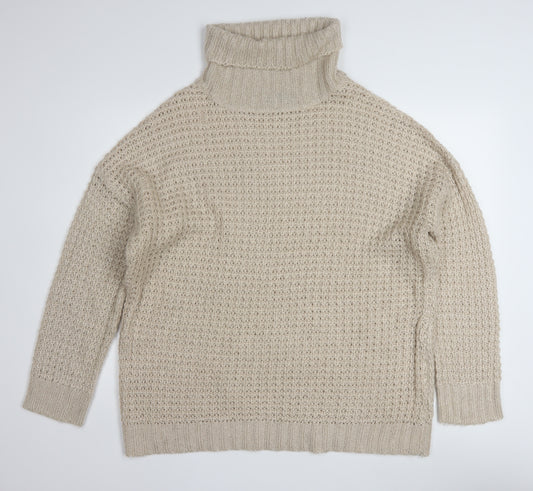Boohoo Women Beige Roll Neck Chunky Knit Pullover Jumper L