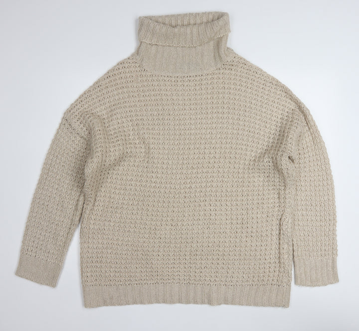 Boohoo Women Beige Roll Neck Chunky Knit Pullover Jumper L