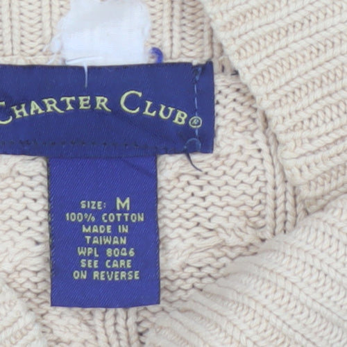 Charter Club Women's Beige Cotton Cable Knit Mock Neck Jumper M
