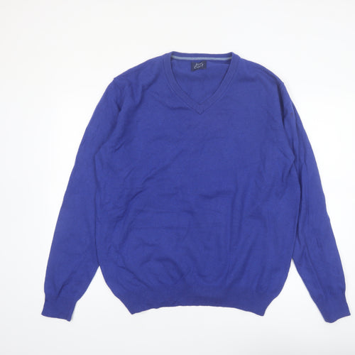 John Cabot Men's Blue Wool V-Neck Jumper Size L