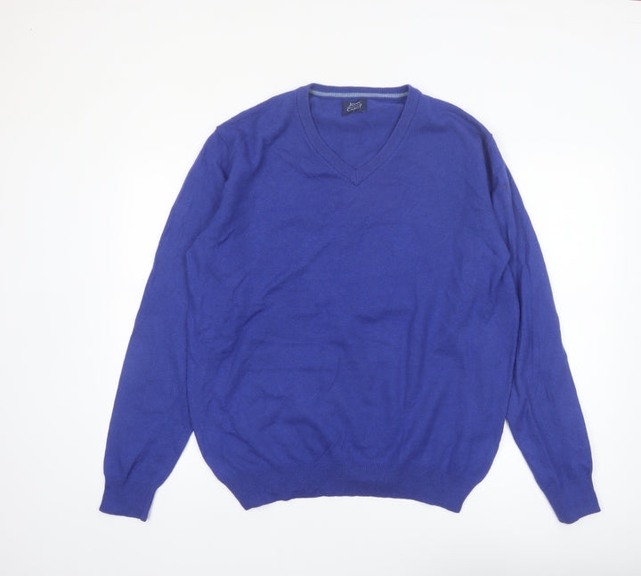 John Cabot Men's Blue Wool V-Neck Jumper Size L